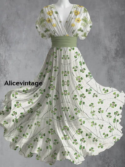 Retro Floral Art Printed Elegant V-Neck Vintage Short Sleeve Maxi Dress A / S