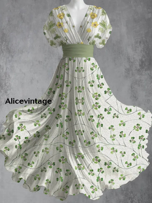 Retro Floral Art Printed Elegant V-Neck Vintage Short Sleeve Maxi Dress A / S