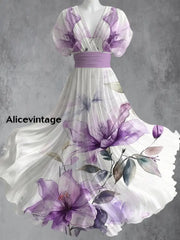 Retro Floral Art Printed Elegant V-Neck Vintage Short Sleeve Maxi Dress A / S