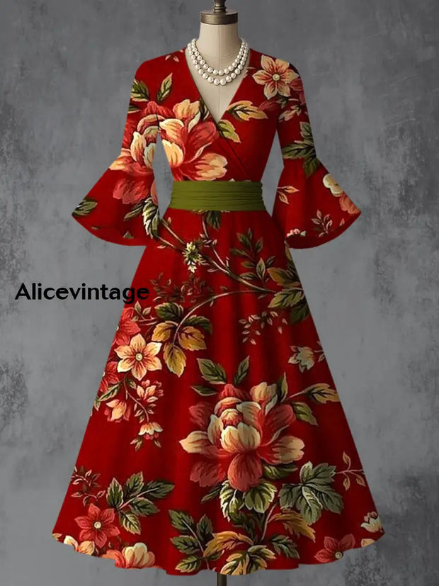 Derby Art Print V-Neck Flare Sleeve Vintage Elegant Dress Derby Dress main image 1