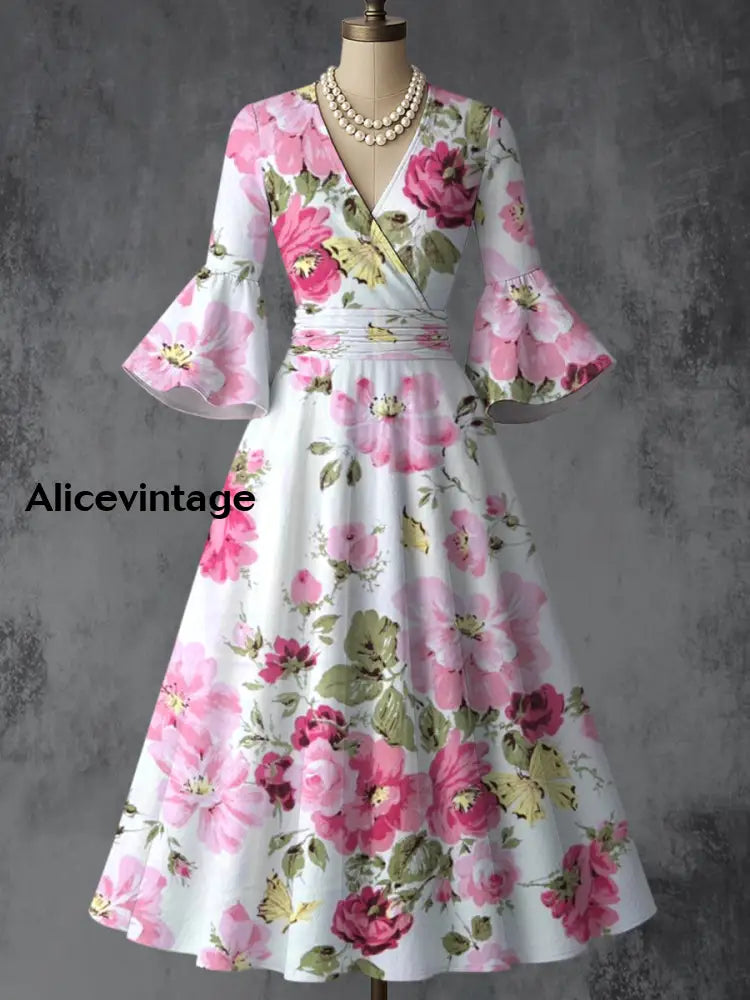 Retro Floral Art Printed V-Neck Vintage Chic Pleated Waist Flare Sleeve Midi Dress A / S