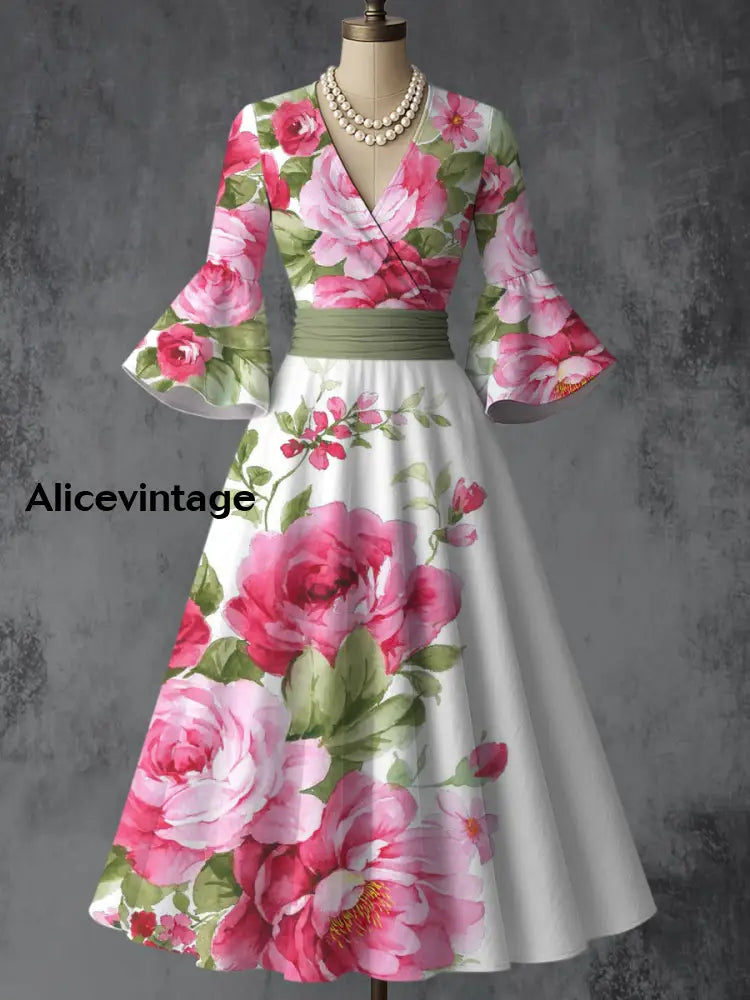 Retro Floral Art Printed V-Neck Vintage Chic Pleated Waist Flare Sleeve Midi Dress A / S