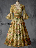 Retro Floral Art Printed V-Neck Vintage Chic Pleated Waist Flare Sleeve Midi Dress A / S