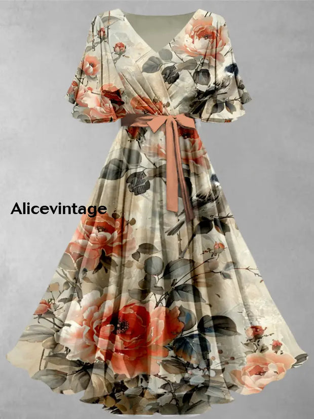 Floral Print V-Neck Vintage Chic Short Sleeve Midi Dress main image 0