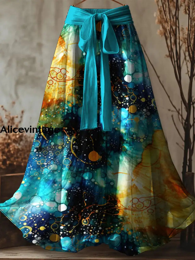 Retro Floral Art Printed Vintage Bow Belt Casual Comfortable Stretch Waist Long Skirt A / S