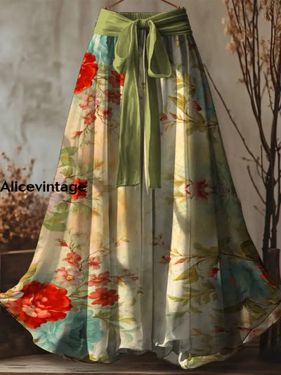 Retro Floral Art Printed Vintage Bow Belt Casual Comfortable Stretch Waist Long Skirt A / S