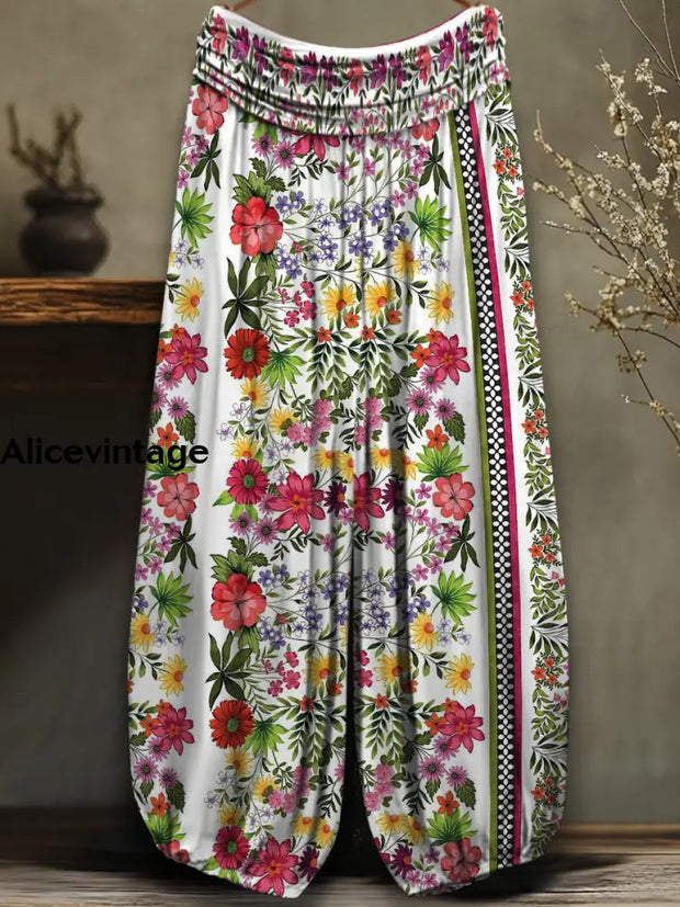 Retro Floral Art Printed Vintage Chic Comfortable Loose Pleats Pants A / S