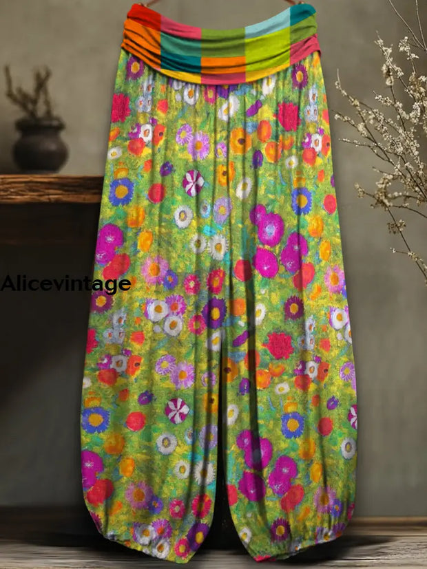 Retro Floral Art Printed Vintage Chic Comfortable Loose Pleats Pants A / S