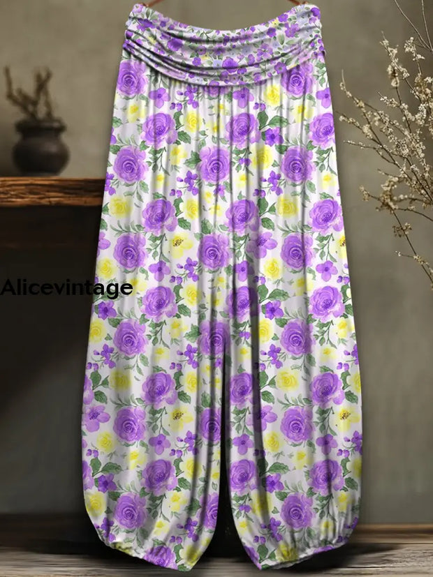 Retro Floral Art Printed Vintage Chic Comfortable Loose Pleats Pants A / S