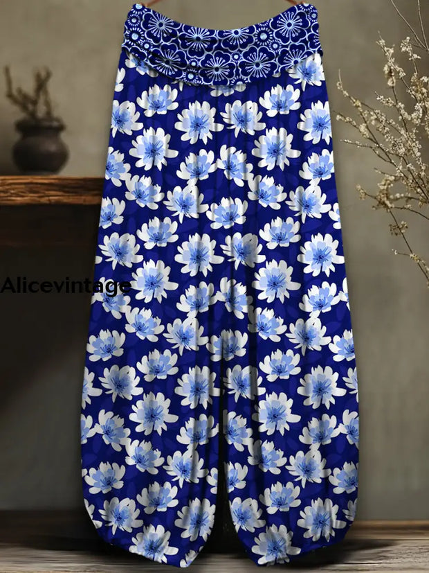 Retro Floral Art Printed Vintage Chic Comfortable Loose Pleats Pants A / S