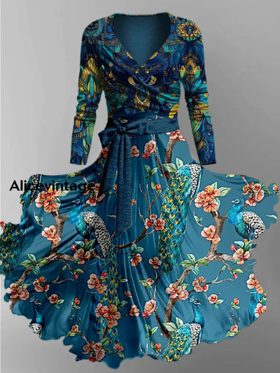 Retro Floral Art Printed Vintage Cross Fold Long Sleeve Two-Piece Midi Dress A / S