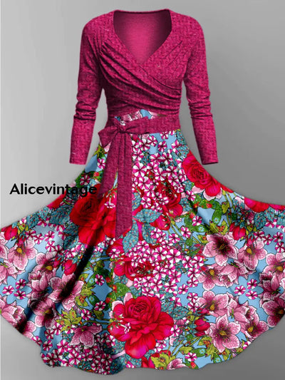 Retro Floral Art Printed Vintage Cross Fold Long Sleeve Two-Piece Midi Dress A / S