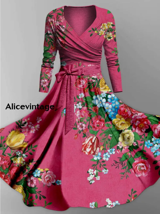 Retro Floral Art Printed Vintage Cross Fold Long Sleeve Two-Piece Midi Dress A / S