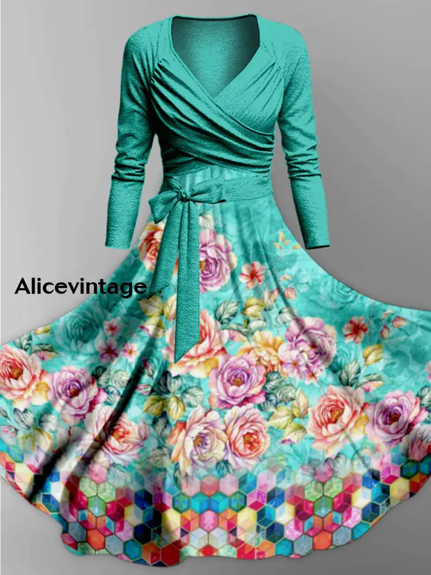 Retro Floral Art Printed Vintage Cross Fold Long Sleeve Two-Piece Midi Dress A / S