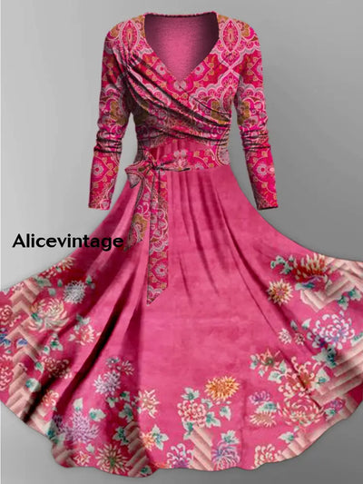 Retro Floral Art Printed Vintage Cross Fold Long Sleeve Two-Piece Midi Dress A / S