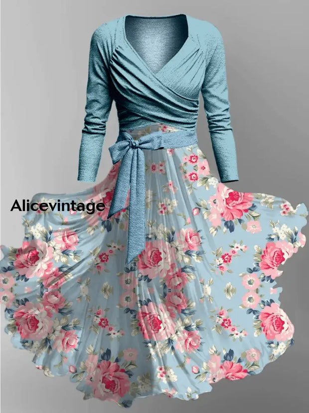 Retro Floral Art Printed Vintage Cross Fold Long Sleeve Two-Piece Midi Dress A / S