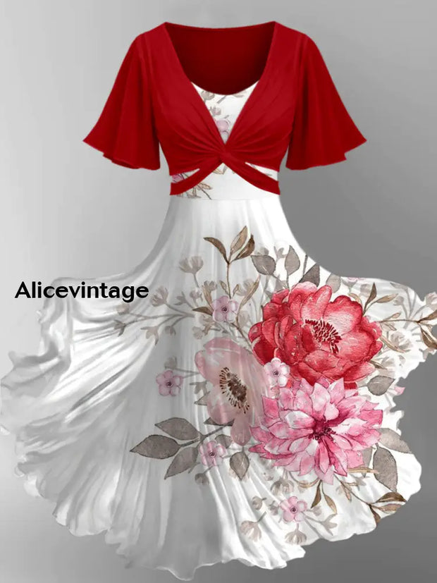 Retro Floral Art Printed Vintage Cross Fold Short Sleeve Two-Piece Midi Dress A / S