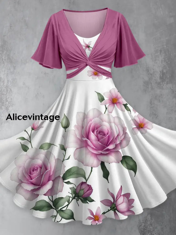 Retro Floral Art Printed Vintage Cross Fold Short Sleeve Two-Piece Midi Dress A / S