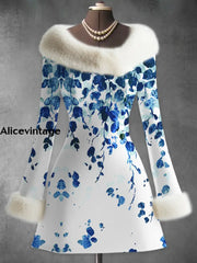 Retro Floral Art Printed Vintage Elegant Fur Collar Furry Cuff Thick Long-Sleeved Midi Dress