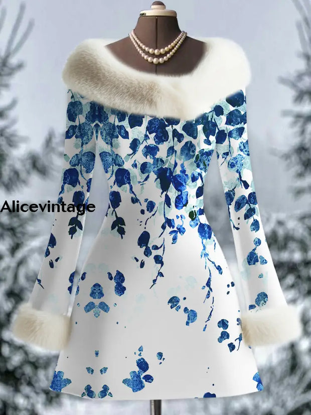 Retro Floral Art Printed Vintage Elegant Fur Collar Furry Cuff Thick Long-Sleeved Midi Dress A / S