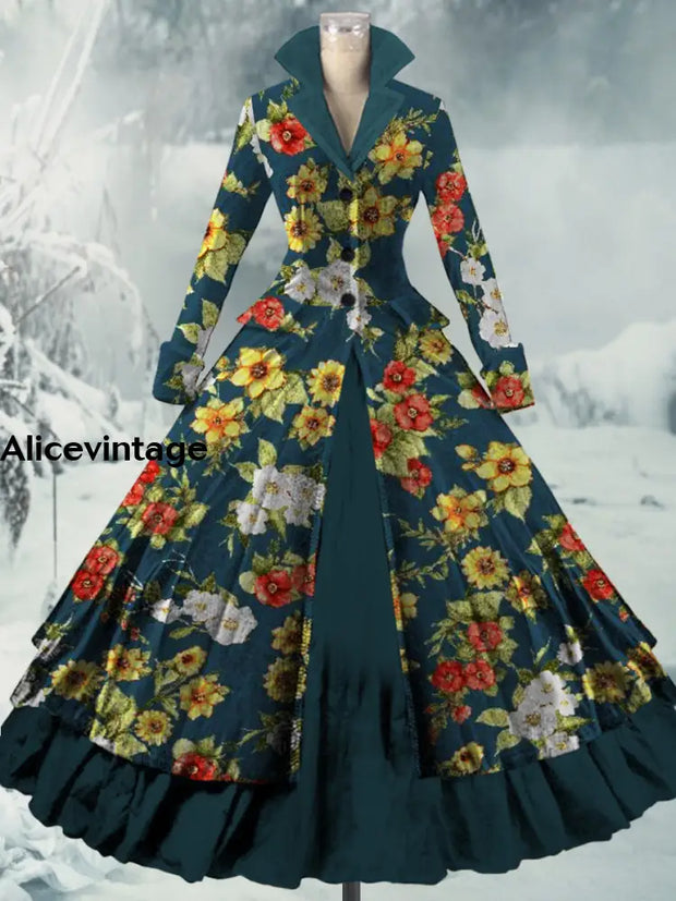 Retro Floral Art Printed Vintage Elegant Lapel V-Neck Button Up Double Hem Long-Sleeved Midi