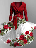 Retro Floral Art Printed Vintage Unique Slim Fit Cross Wrap Long Sleeve Two-Piece Midi Dress A / S