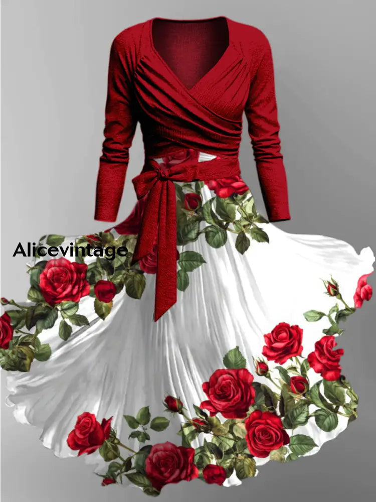 Retro Floral Art Printed Vintage Unique Slim Fit Cross Wrap Long Sleeve Two-Piece Midi Dress A / S