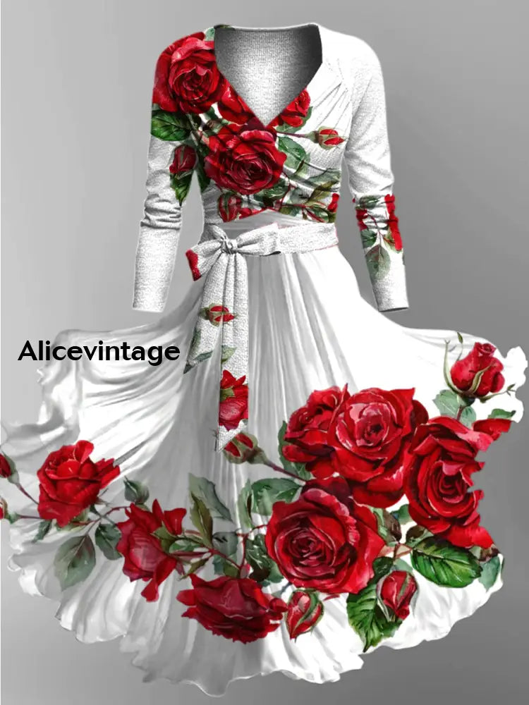 Retro Floral Art Printed Vintage Unique Slim Fit Cross Wrap Long Sleeve Two-Piece Midi Dress A / S