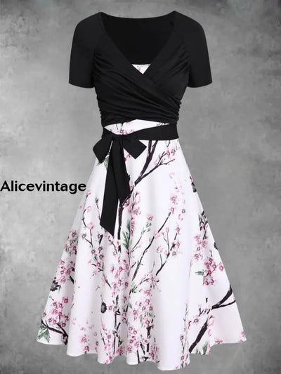 Retro Floral Art Printed Vintage V-Neck Belt Short Sleeve Two-Piece Midi Dress A / S