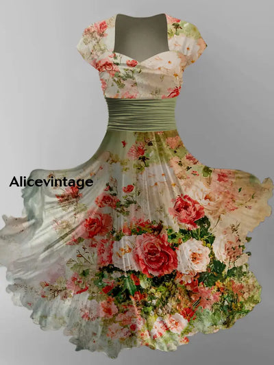 Retro Floral Art Printed Vintage V-Neck Pleated Waist Short Sleeve Midi Dress A / S