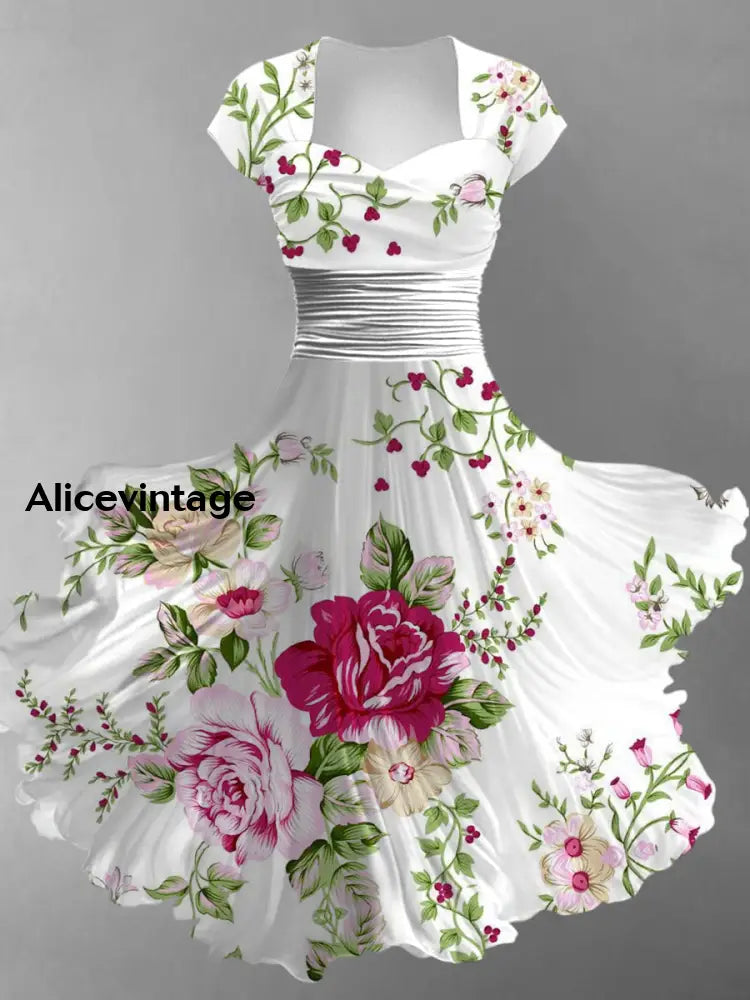 Retro Floral Art Printed Vintage V-Neck Pleated Waist Short Sleeve Midi Dress A / S