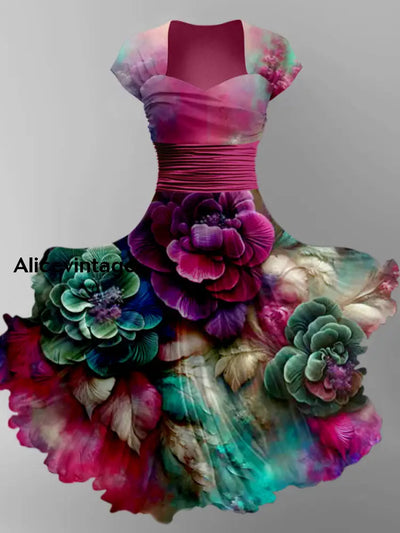 Retro Floral Art Printed Vintage V-Neck Pleated Waist Short Sleeve Midi Dress A / S