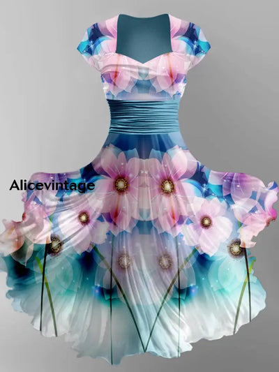 Retro Floral Art Printed Vintage V-Neck Pleated Waist Short Sleeve Midi Dress A / S