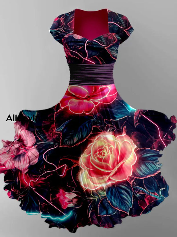 Retro Floral Art Printed Vintage V-Neck Pleated Waist Short Sleeve Midi Dress A / S