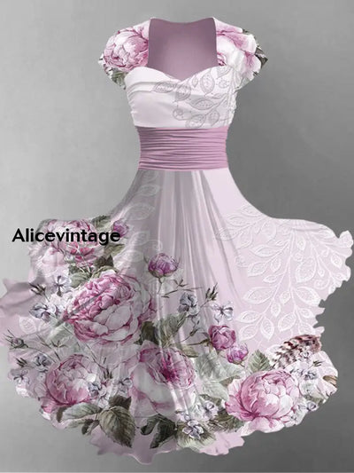 Retro Floral Art Printed Vintage V-Neck Pleated Waist Short Sleeve Midi Dress A / S