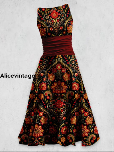 Retro Floral Paisley Art Print Chic Sleeveless Midi Dress A / S