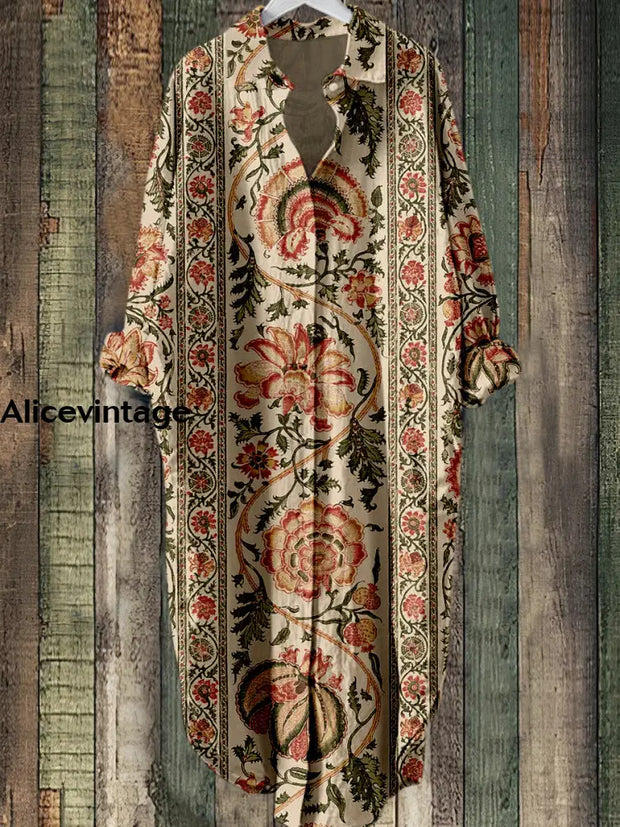 Retro Floral Paisley Printed Vintage Chic Long Sleeved Casual Loose Shirt Dress A / S