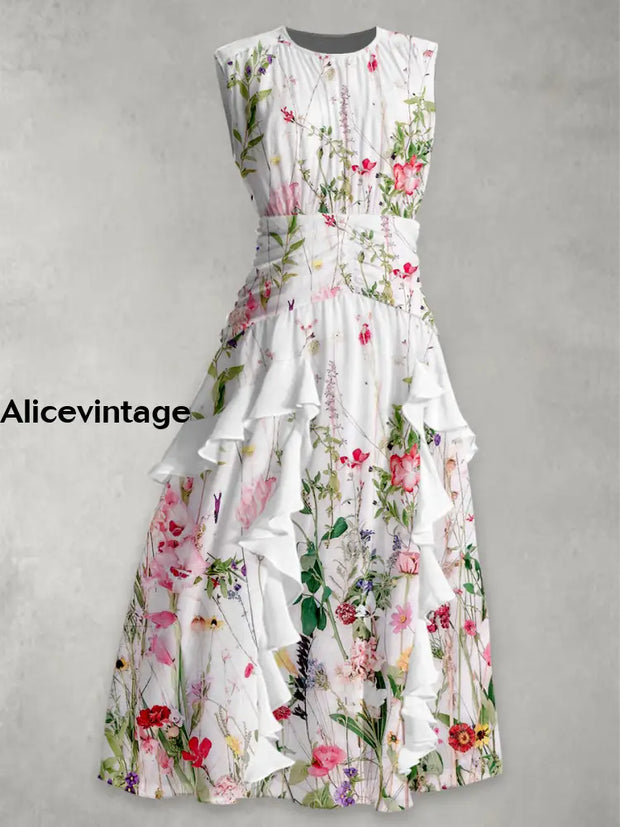 Retro Floral Print 50’S Elegant Chic Chiffon Sleeveless Maxi Dress A / S