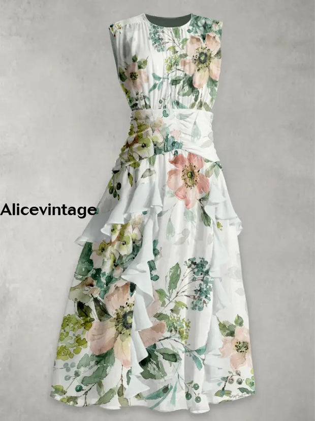 Retro Floral Print 50’S Elegant Chic Chiffon Sleeveless Maxi Dress A / S