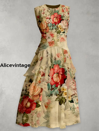 Retro Floral Print 50’S Elegant Chic Chiffon Sleeveless Maxi Dress A / S