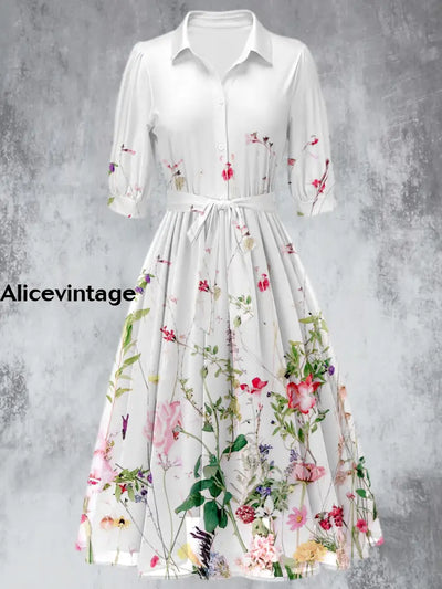 Retro Floral Print 50’S Short Sleeve Lapel Collar Maxi Dress A / S