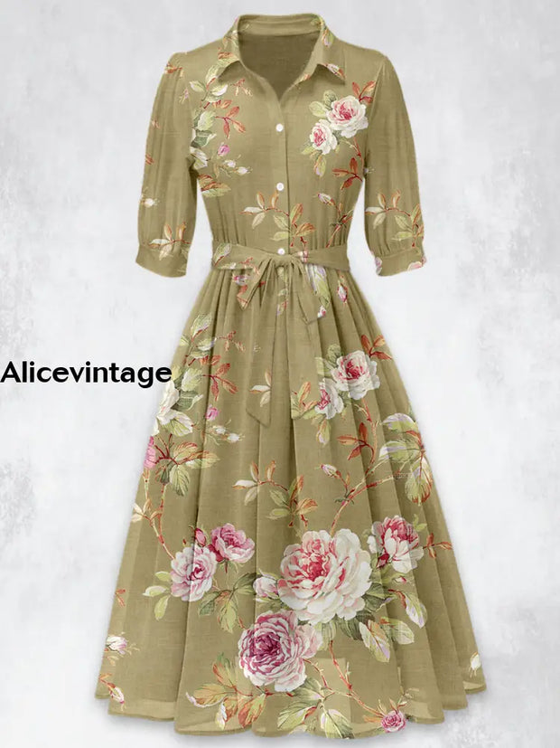 Retro Floral Print 50’S Short Sleeve Lapel Collar Maxi Dress A / S