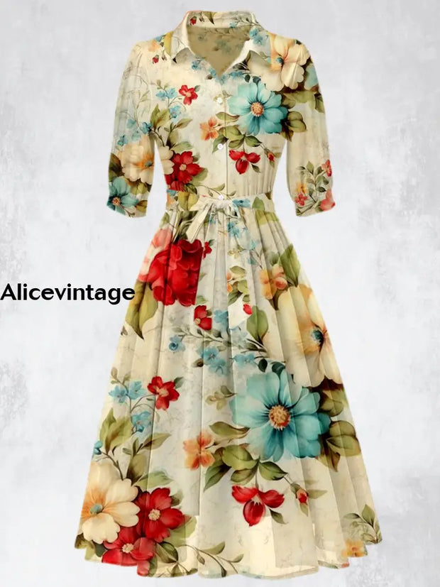 Retro Floral Print 50’S Short Sleeve Lapel Collar Maxi Dress A / S