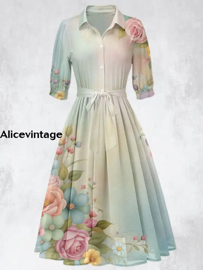 Retro Floral Print 50’S Short Sleeve Lapel Collar Maxi Dress A / S