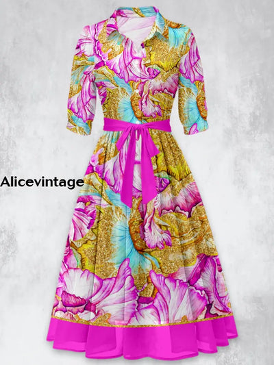 Retro Floral Print 50’S Short Sleeve Lapel Collar Maxi Dress A / S