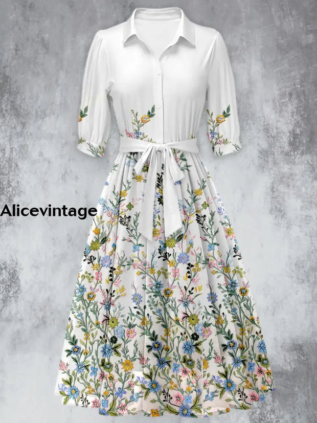 Retro Floral Print 50’S Short Sleeve Lapel Collar Maxi Dress A / S