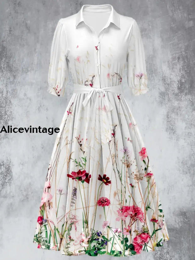 Retro Floral Print 50’S Short Sleeve Lapel Collar Maxi Dress A / S