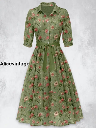 Retro Floral Print 50’S Short Sleeve Lapel Collar Maxi Dress A / S