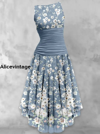 Retro Floral Print Chic Sleeveless Midi Dress A / S