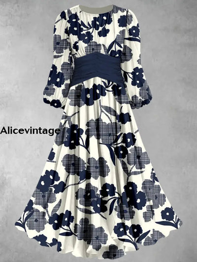 Retro Floral Print Elegant Chic Round Neck 3/4 Sleeve Midi Dress A / S